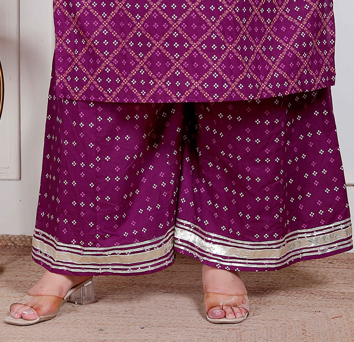 Miravan Plus Size Magenta Embroidered cotton Kurta with Palazzo and Dupatta - view 6