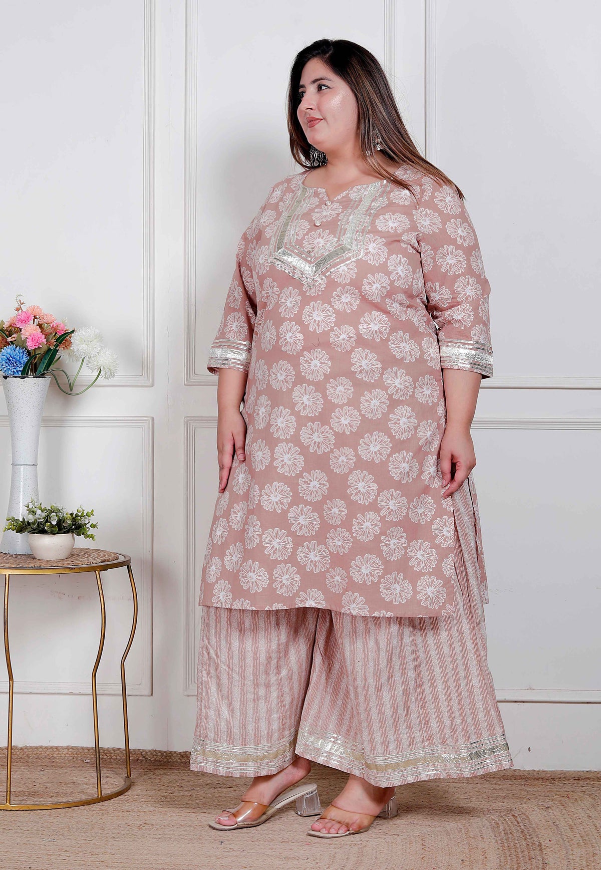 Miravan plus size Women Brown Floral Printed Straight Ethnic Kurta with Palazzo - view 2