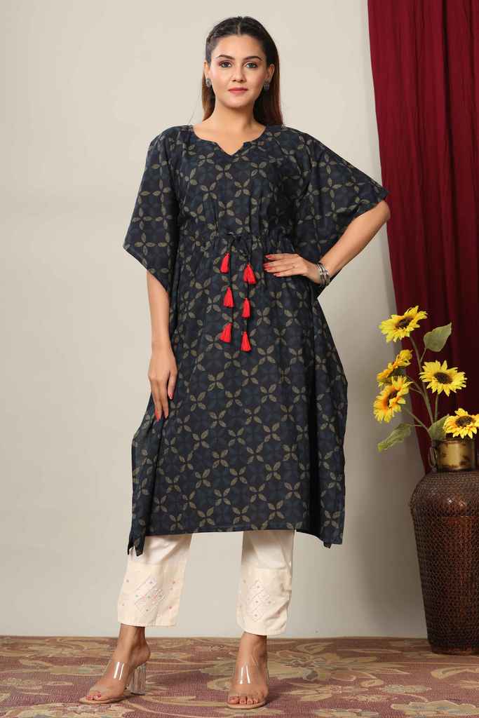 Miravan Womens Blue Floral Printed Cotton Kaftan Kurta - view 6