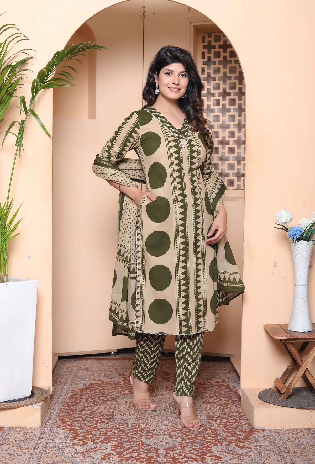 Miravan Womens Polka Dot Printed V Neck Kurta with Palazzo and Dupatta Set - view 2