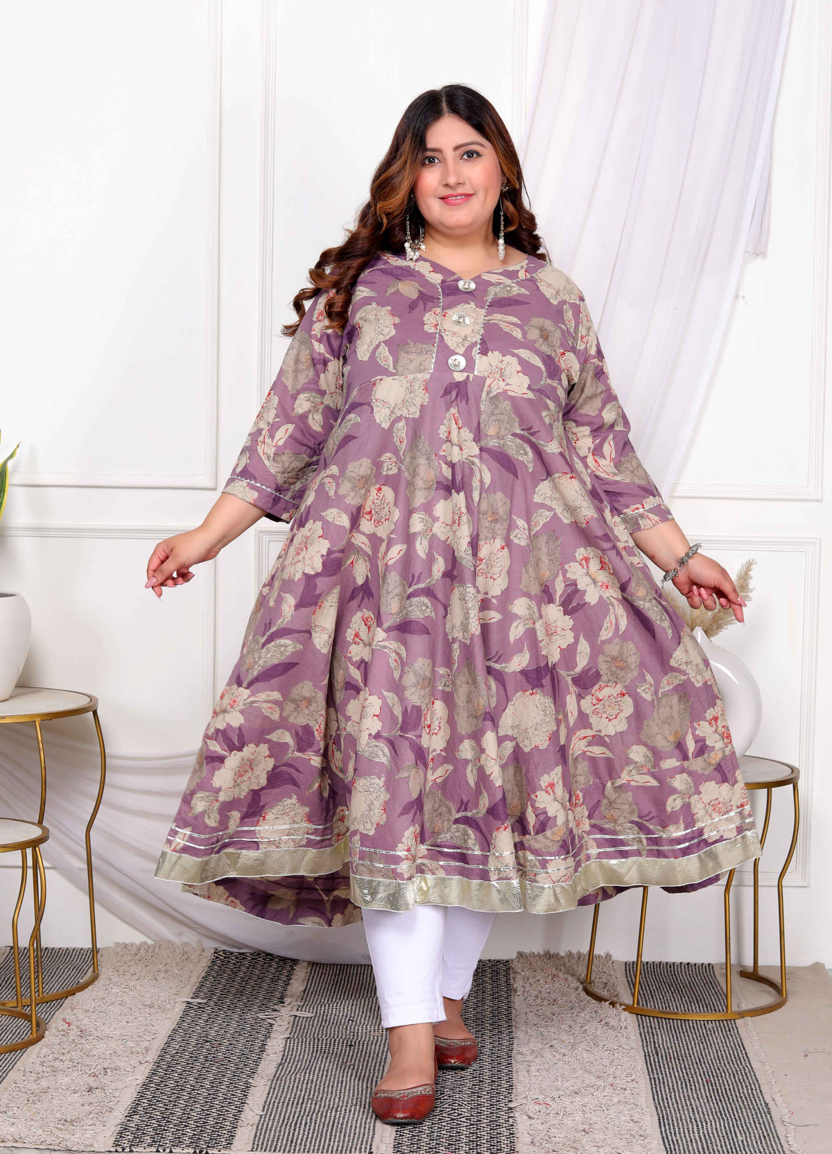 Miravan Womens Plus Size Purple Flower Printed With Beautiful Lace Border Details Anarkali Kurta