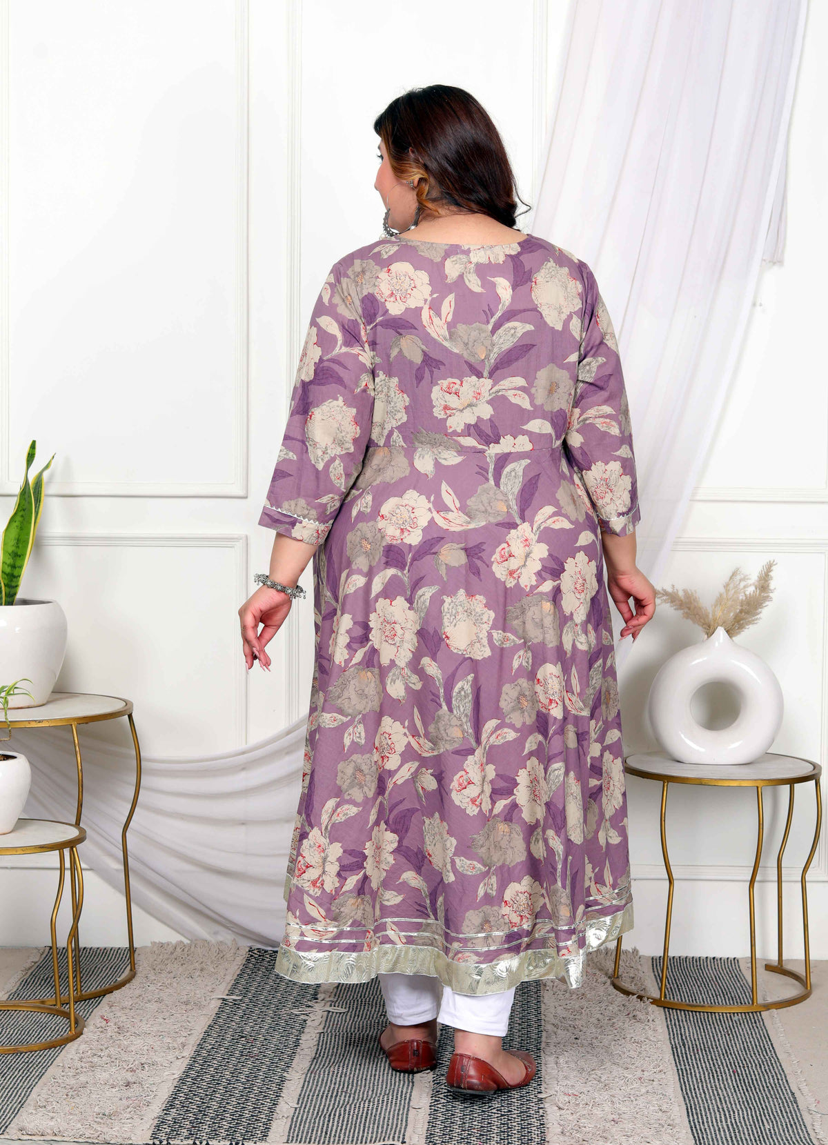 Miravan Womens Plus Size Purple Flower Printed With Beautiful Lace Border Details Anarkali Kurta - view 2