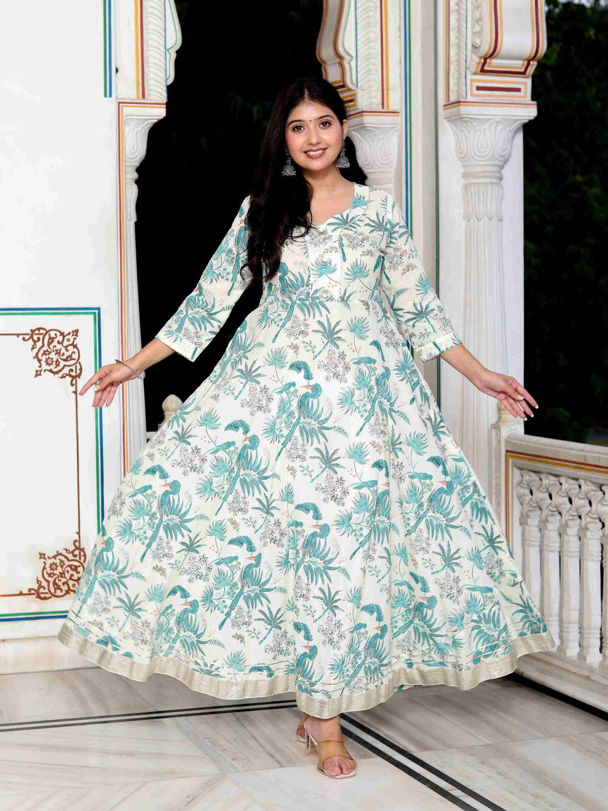 Miravan Womens Light Green Cotton Gotapatti And Lace Border Birds And Leaf Anarkali Kurta