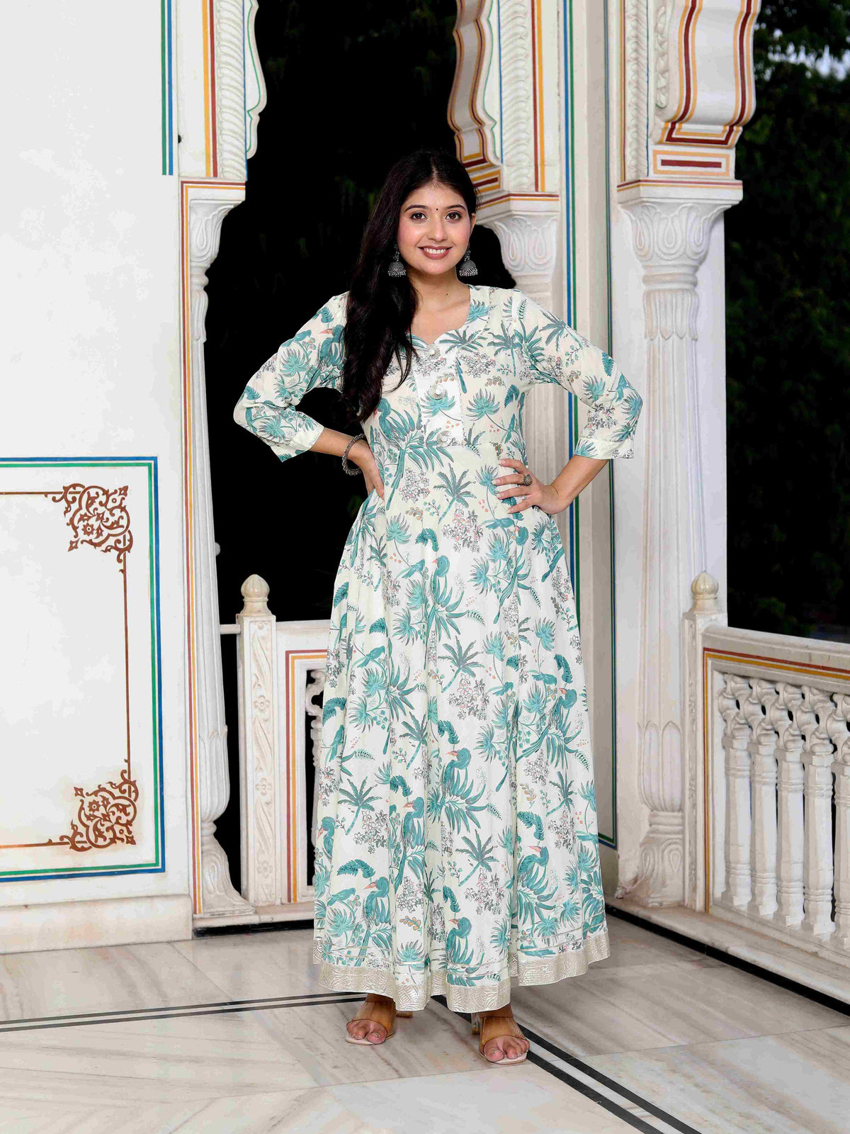 Miravan Womens Light Green Cotton Gotapatti And Lace Border Birds And Leaf Anarkali Kurta - view 2