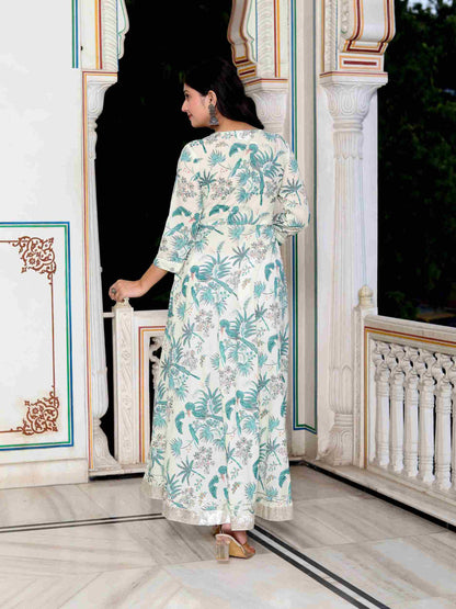 Miravan Womens Light Green Cotton Gotapatti And Lace Border Birds And Leaf Anarkali Kurta - view 6
