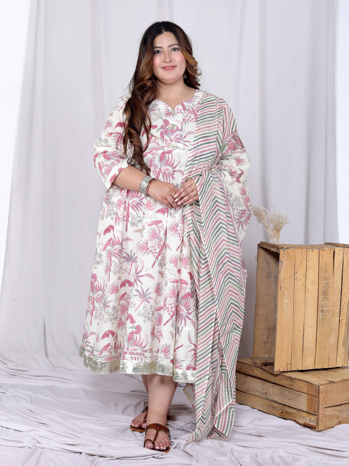 Miravan Womens Plus Size Light Pink Floral Printed and Anarkali Kurta with Dupatta