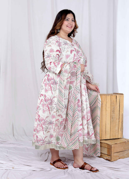 Miravan Womens Plus Size Light Pink Floral Printed and Anarkali Kurta with Dupatta - view 3