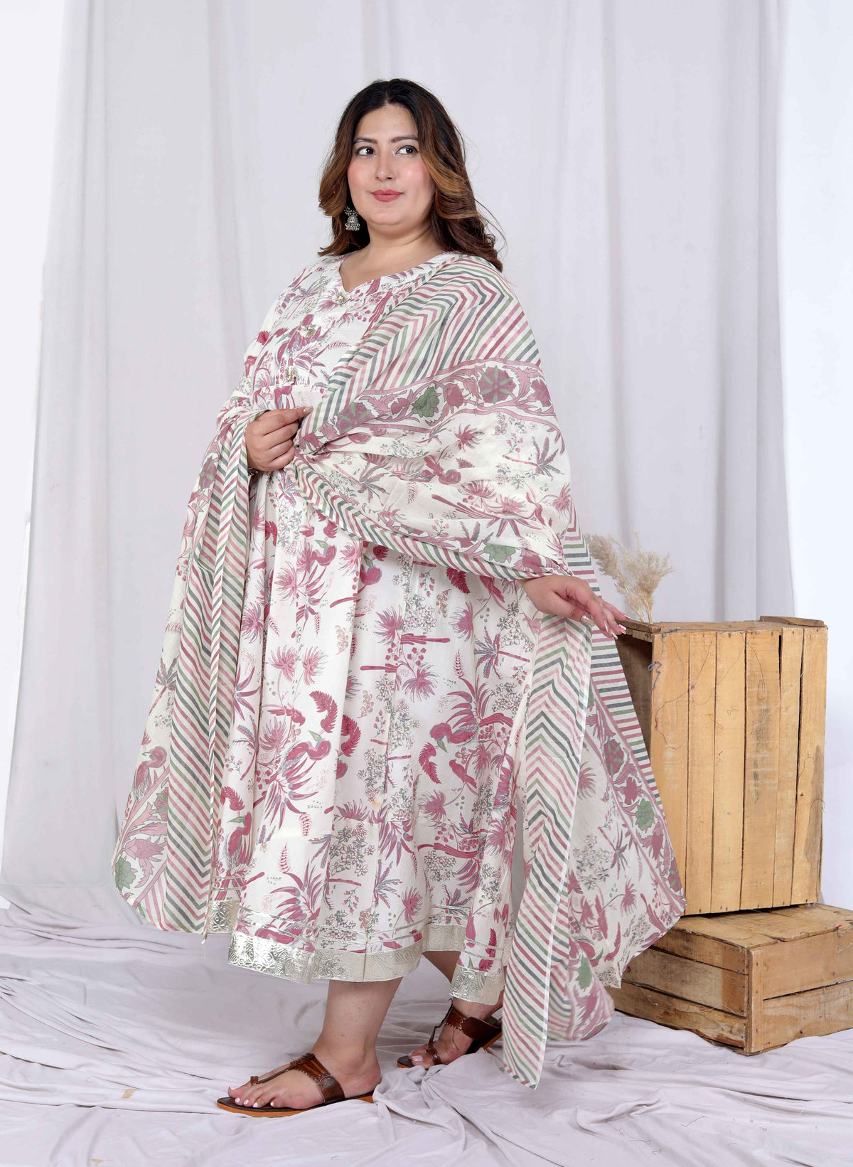Miravan Womens Plus Size Light Pink Floral Printed and Anarkali Kurta with Dupatta - view 4