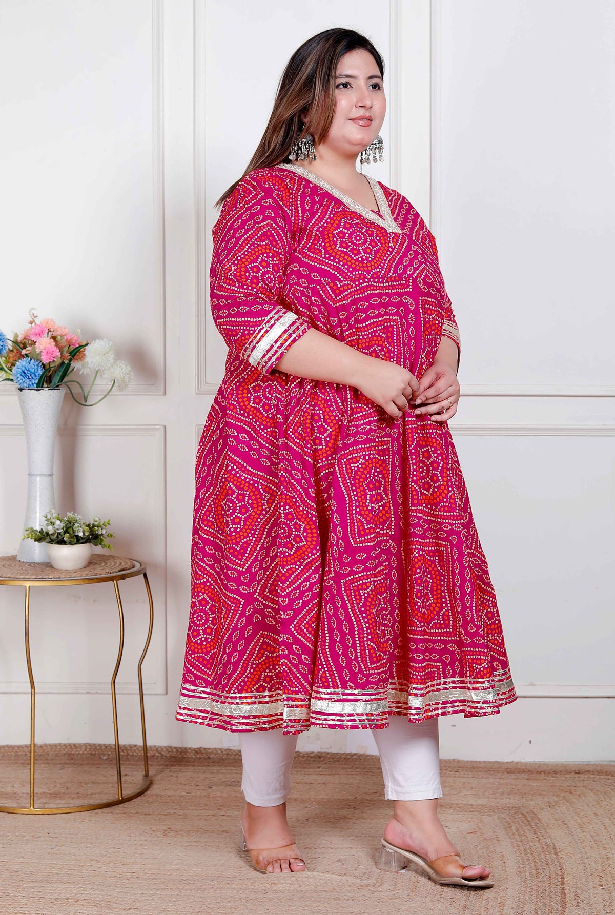 Miravan Plus Size Womens Pink cotton Bandhani ethnic Anarkali Kurta - view 2