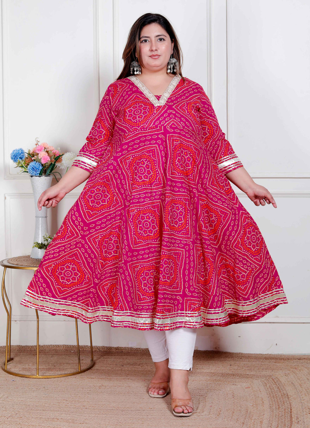 Miravan Plus Size Womens Pink cotton Bandhani ethnic Anarkali Kurta - view 5