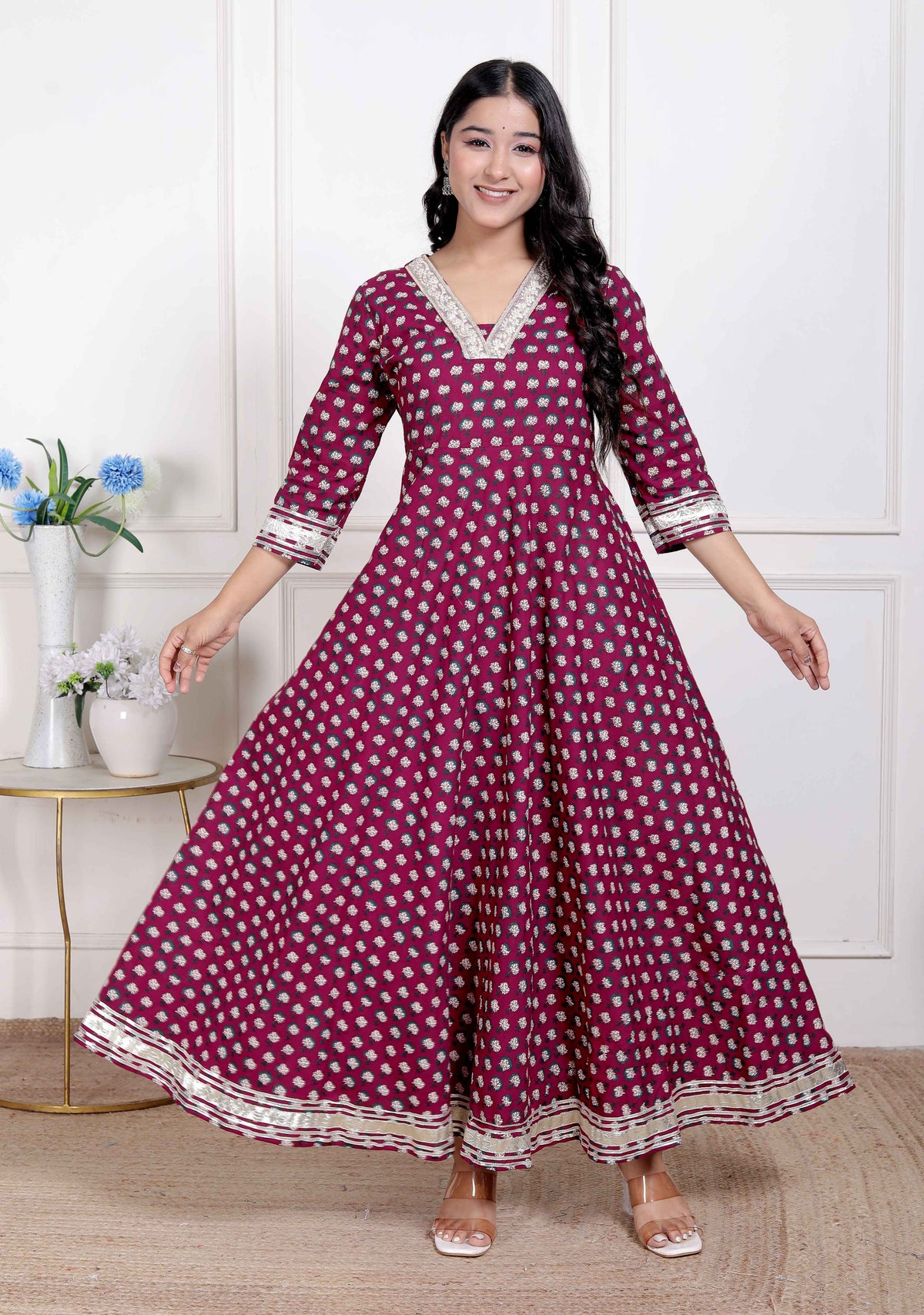 Miravan Women Maroon Floral Print Soft Cotton embroidered Anarkali Kurta