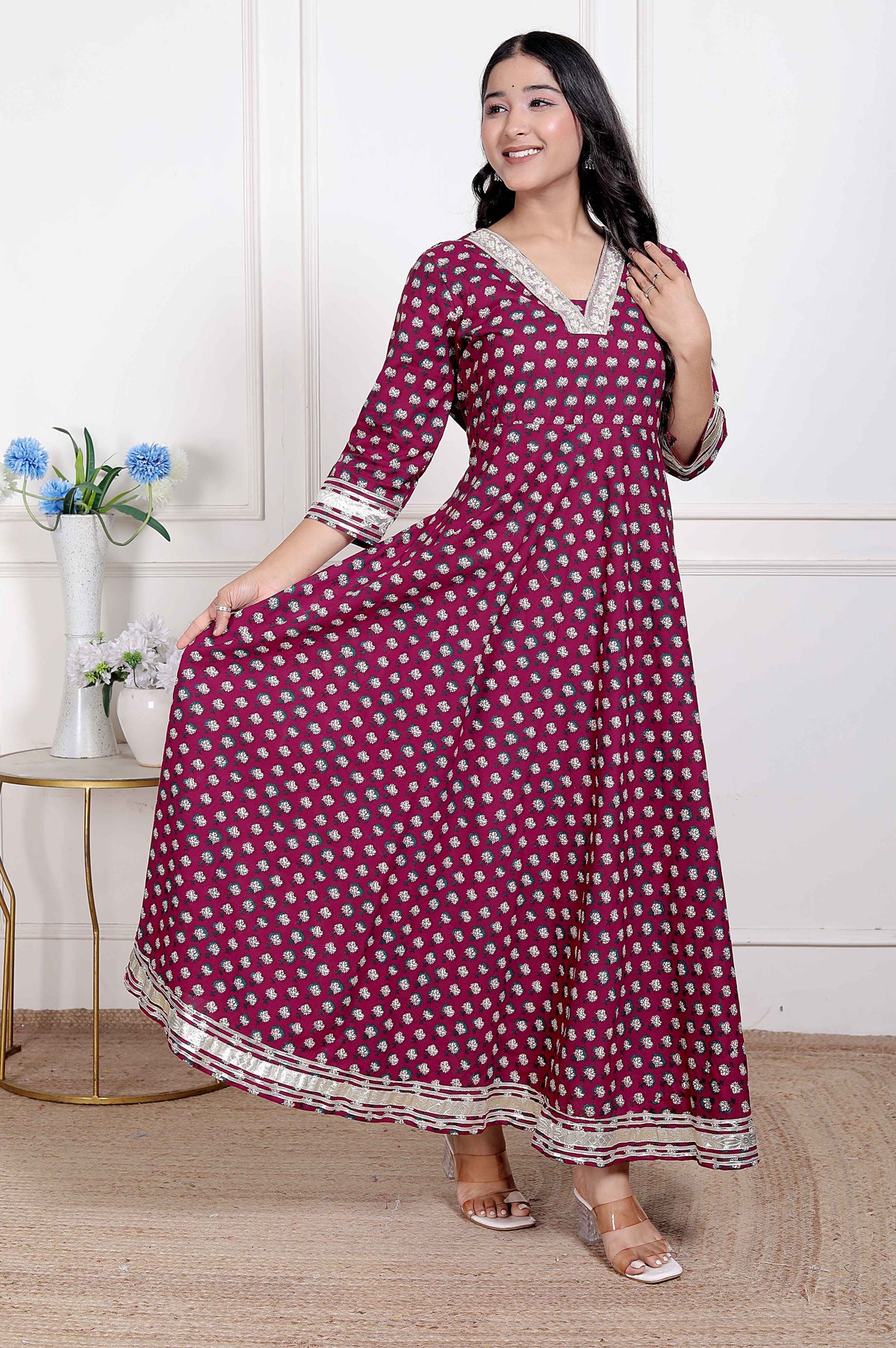 Miravan Women Maroon Floral Print Soft Cotton embroidered Anarkali Kurta - view 2