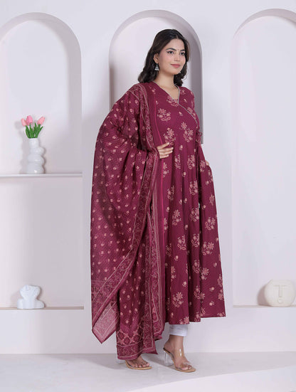 Miravan Womens Maroon Floral Printed Angrakha Pure Cotton Kurta and Dupatta - view 7