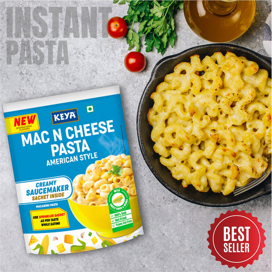 Keya MacNCheese Instant Pasta American Style, a cheesy bowl of comfort made with durum wheat semolina.