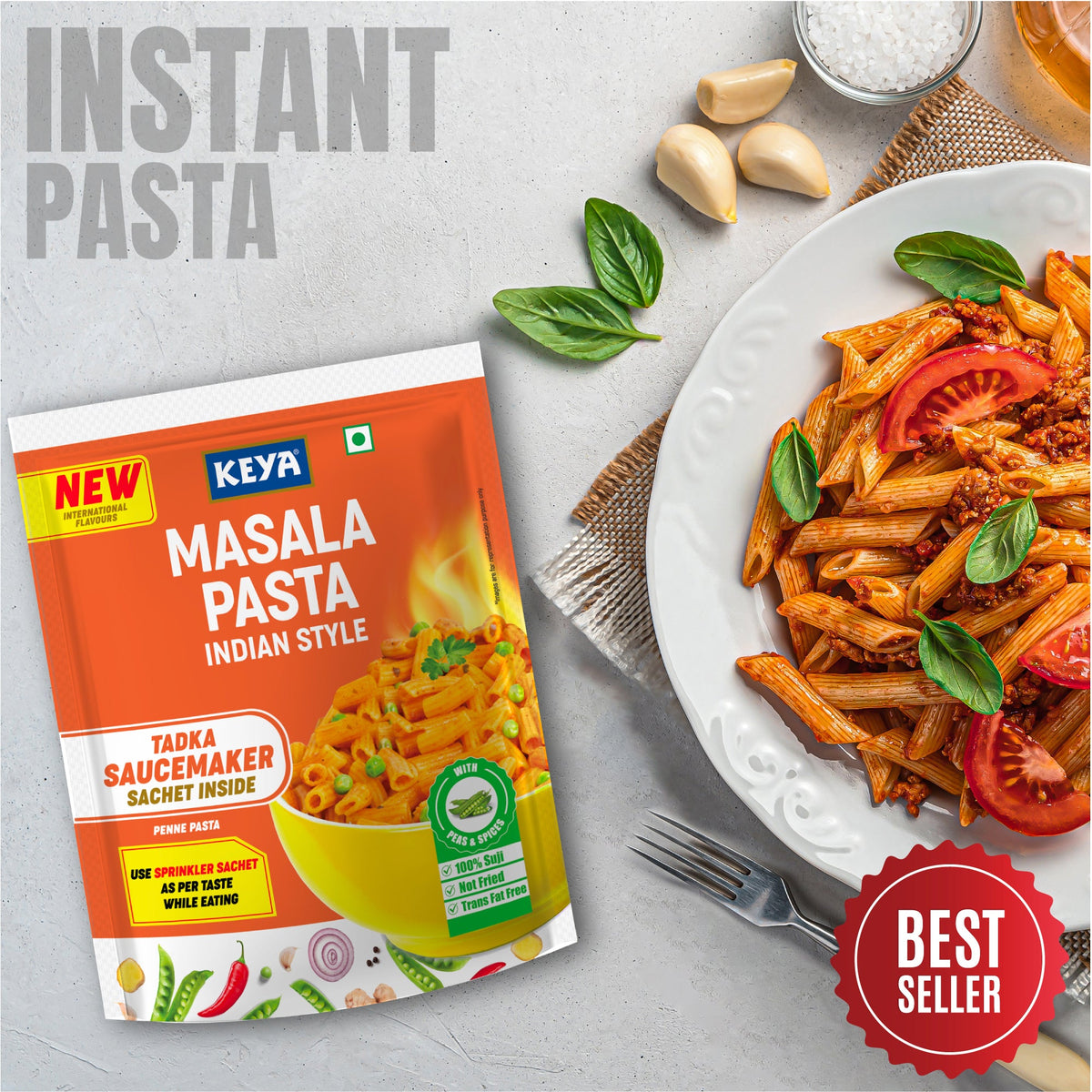 Keya Masala Instant Pasta Indian Style with aromatic spices, ready to cook, served in a bowl.
