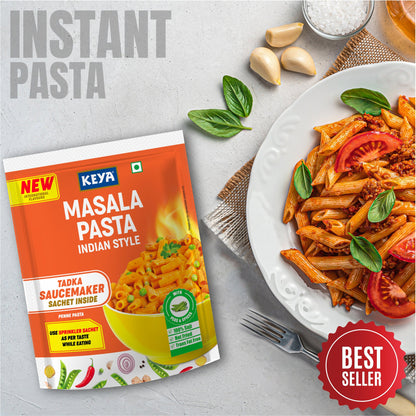 Keya Masala Instant Pasta Indian Style with aromatic spices, ready to cook, served in a bowl.