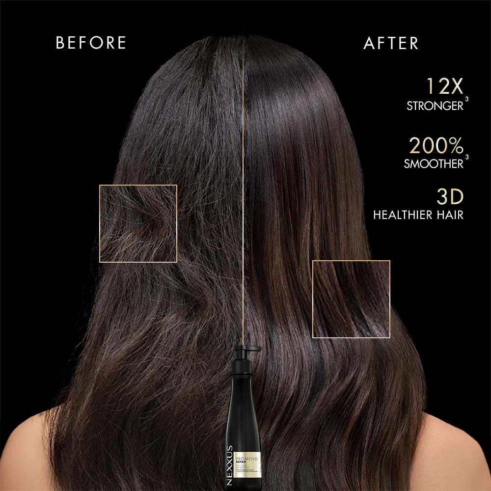 Nexxus PROMEND REPAIR KERATINIZING SHAMPOO bottle, showcasing its advanced formula for damaged hair repair.