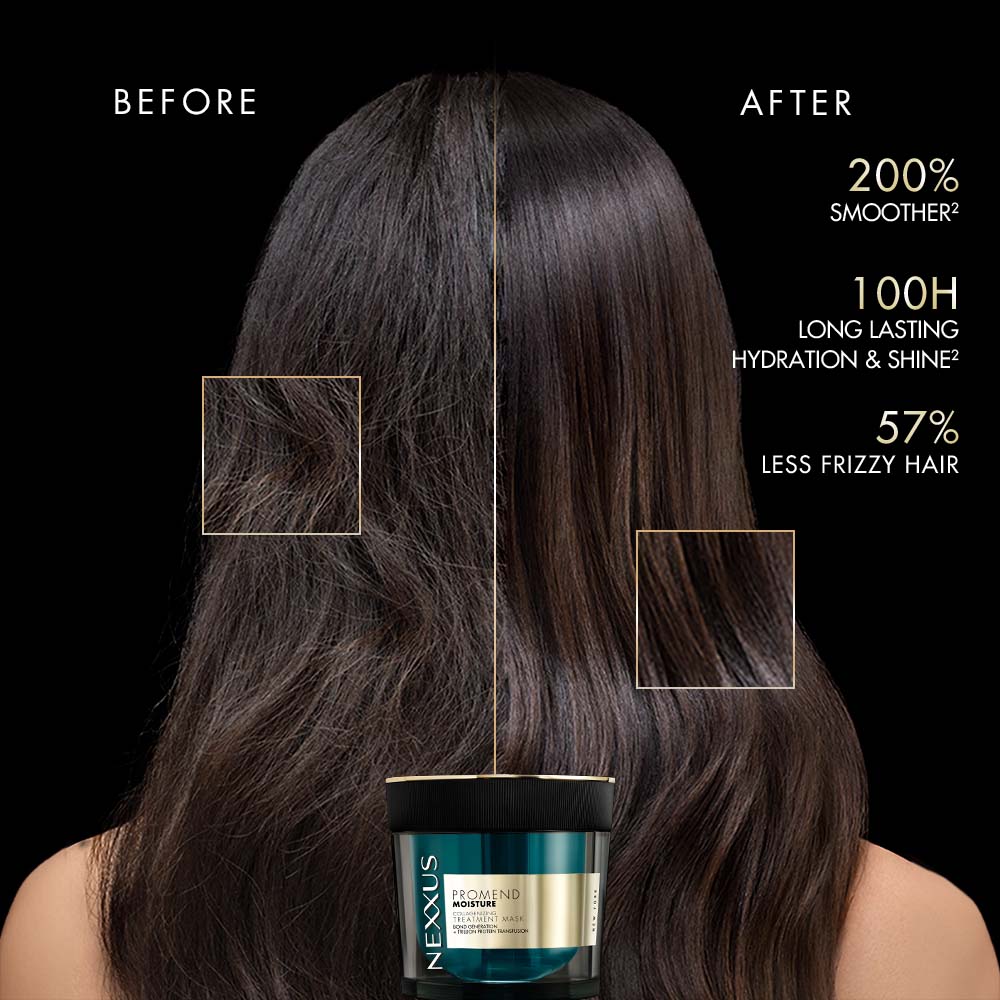 Nexxus PROMEND MOISTURE COLLAGENIZING SHAMPOO MASK for 200% smoother, less frizzy hair with protein.