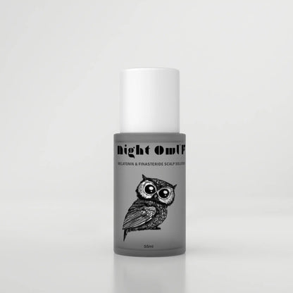 Izonis Night Owl F hair growth serum bottle with dropper, featuring melatonin and finasteride for hair support.