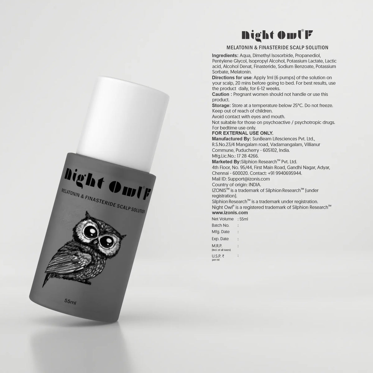 Izonis Night Owl F hair growth serum bottle with dropper, featuring melatonin and finasteride for hair support. - Image 3