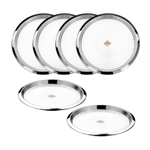 Vinod Stainless Steel Two Tone Plate Set of 6 - 29.5 cm, Lunch Plate, Dinner Plate, High Grade Stainless Steel, Mirror Finish, Rust Free - view 2