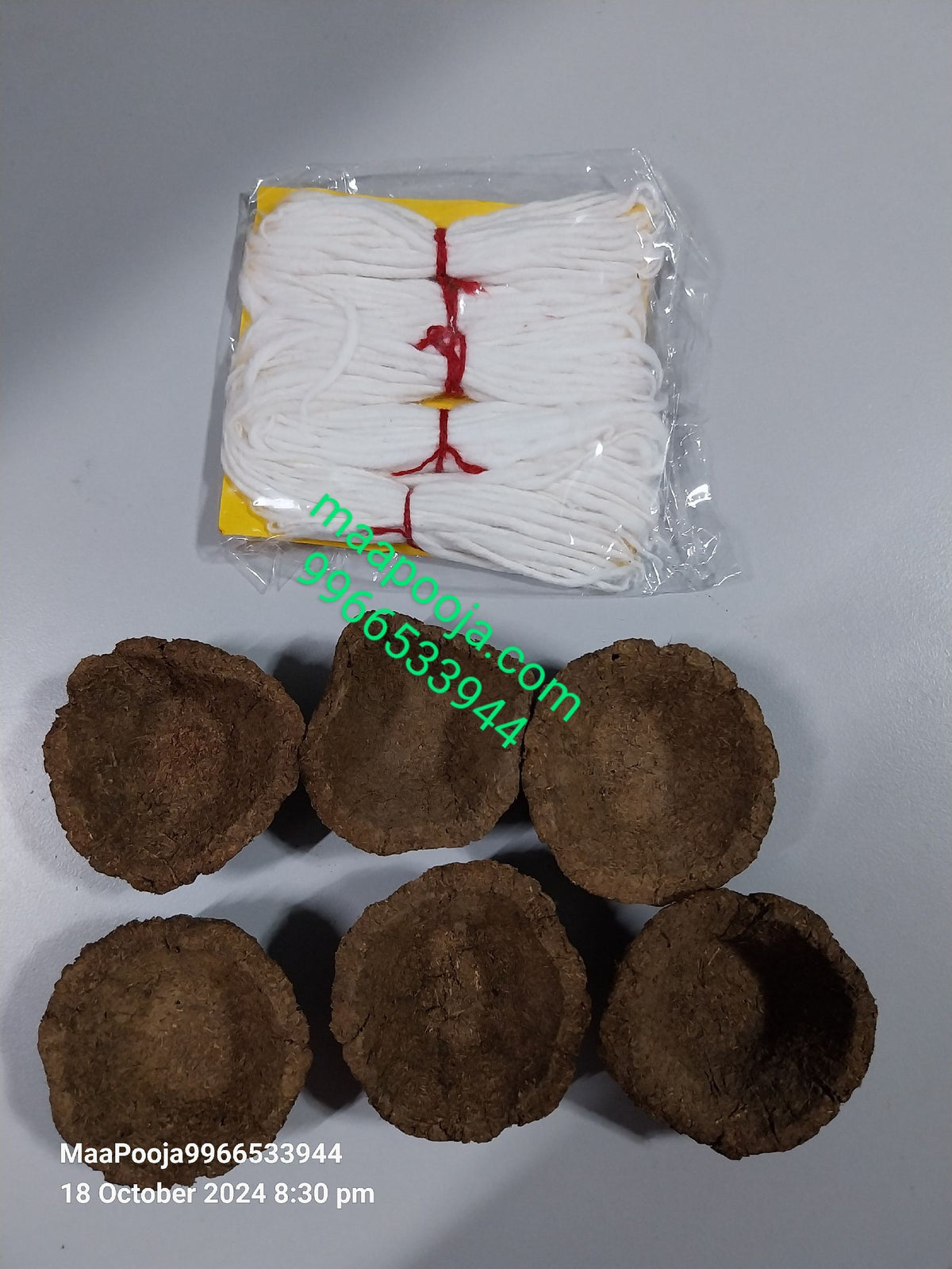 Original Cow Dung Diyas - 6 and Hand Made Long Cotton Wicks
