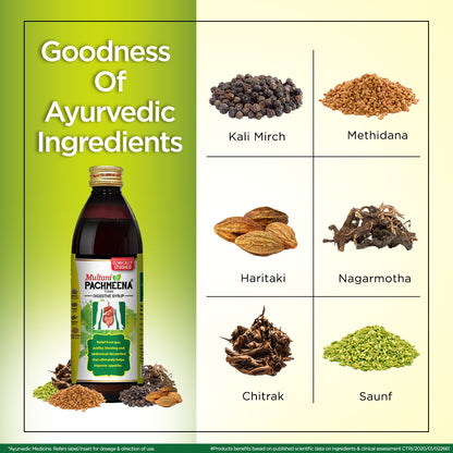 Multani Pachmeena Tonik digestive syrup bottle with natural herbs like ajwain and saunf, promoting gut health. - Image 3