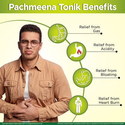 Multani Pachmeena Tonik digestive syrup bottle with natural herbs like ajwain and saunf, promoting gut health. - Image 4