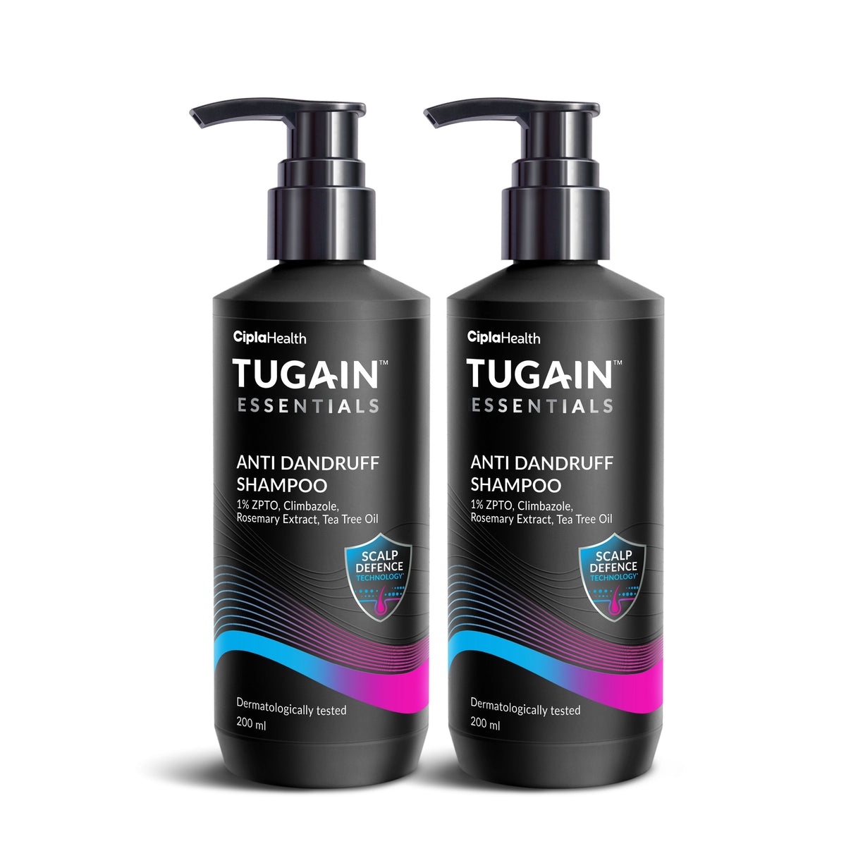 Pack of 2 Tugain Essentials Anti Dandruff Shampoo bottles, showcasing premium packaging and clear liquid.