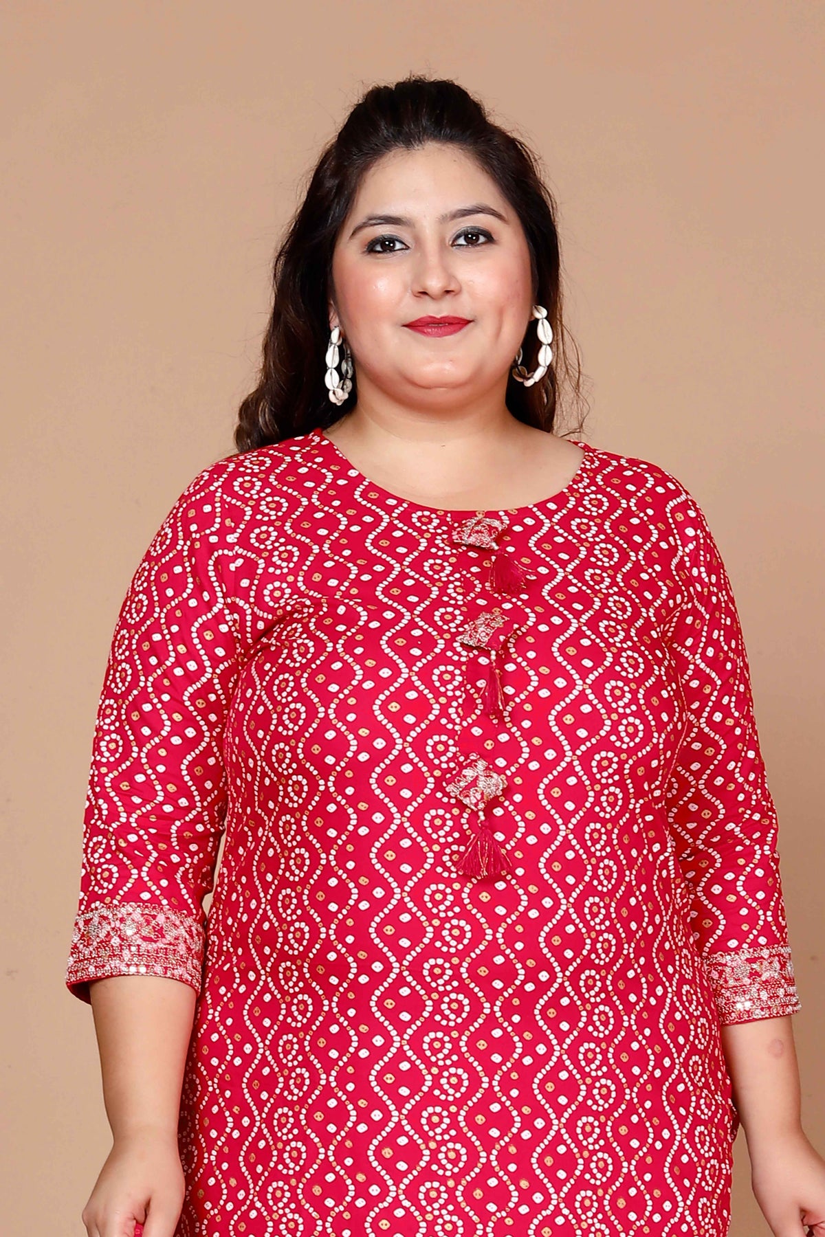 Miravan Womens Plus Size Pink Bandhani Pakistani Straight Kurti - view 2
