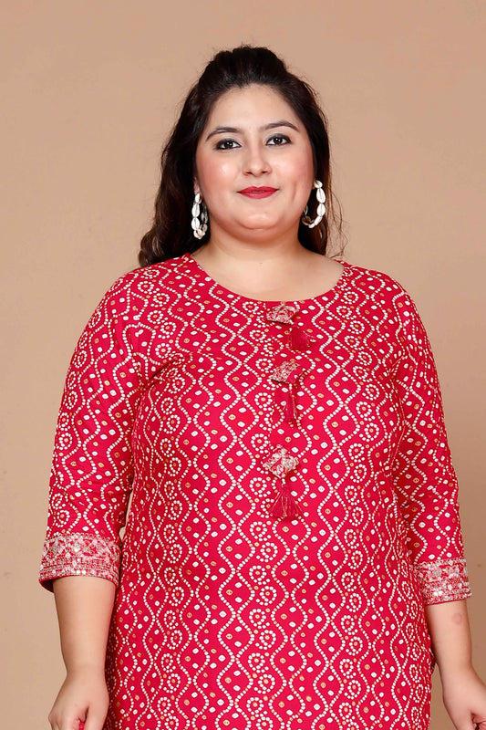 Miravan Womens Plus Size Pink Bandhani Pakistani Straight Kurti - view 2