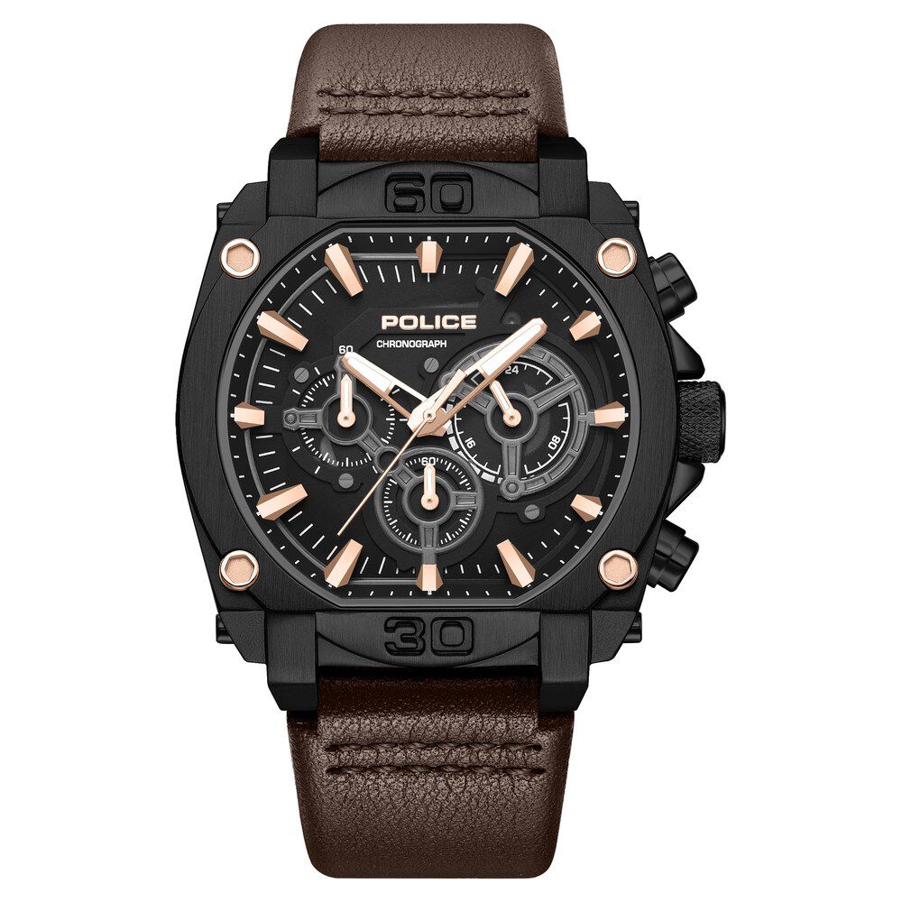 Police Quartz Chronograph Black Dial Brown Leather Strap Watch For Men - image 1