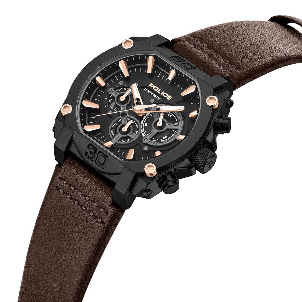 Police Quartz Chronograph Black Dial Brown Leather Strap Watch For Men