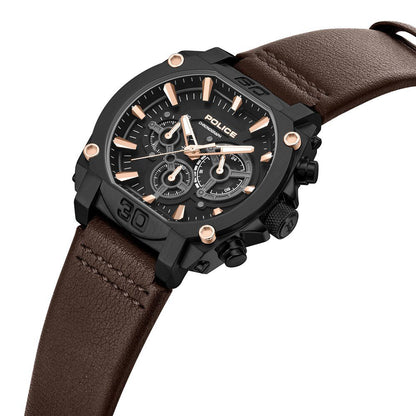 Police Quartz Chronograph Black Dial Brown Leather Strap Watch For Men