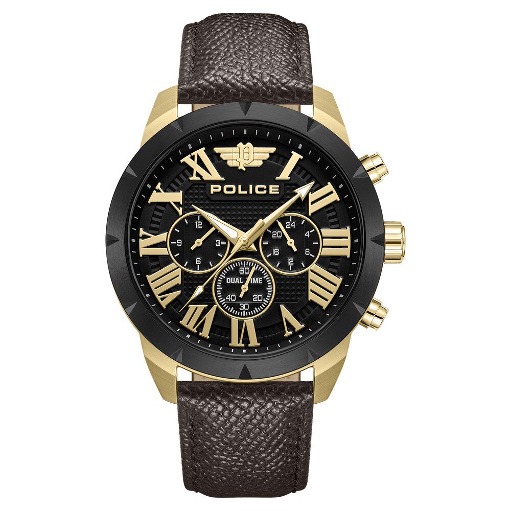 Police Quartz Multifunction Black Dial Brown Leather Strap Watch For Men - image 1