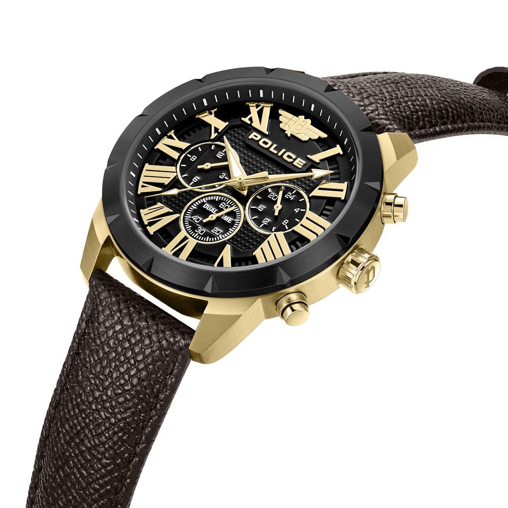 Police Quartz Multifunction Black Dial Brown Leather Strap Watch For Men