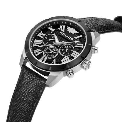 Police Quartz Multifunction Black Dial Black Leather Strap Watch For Men