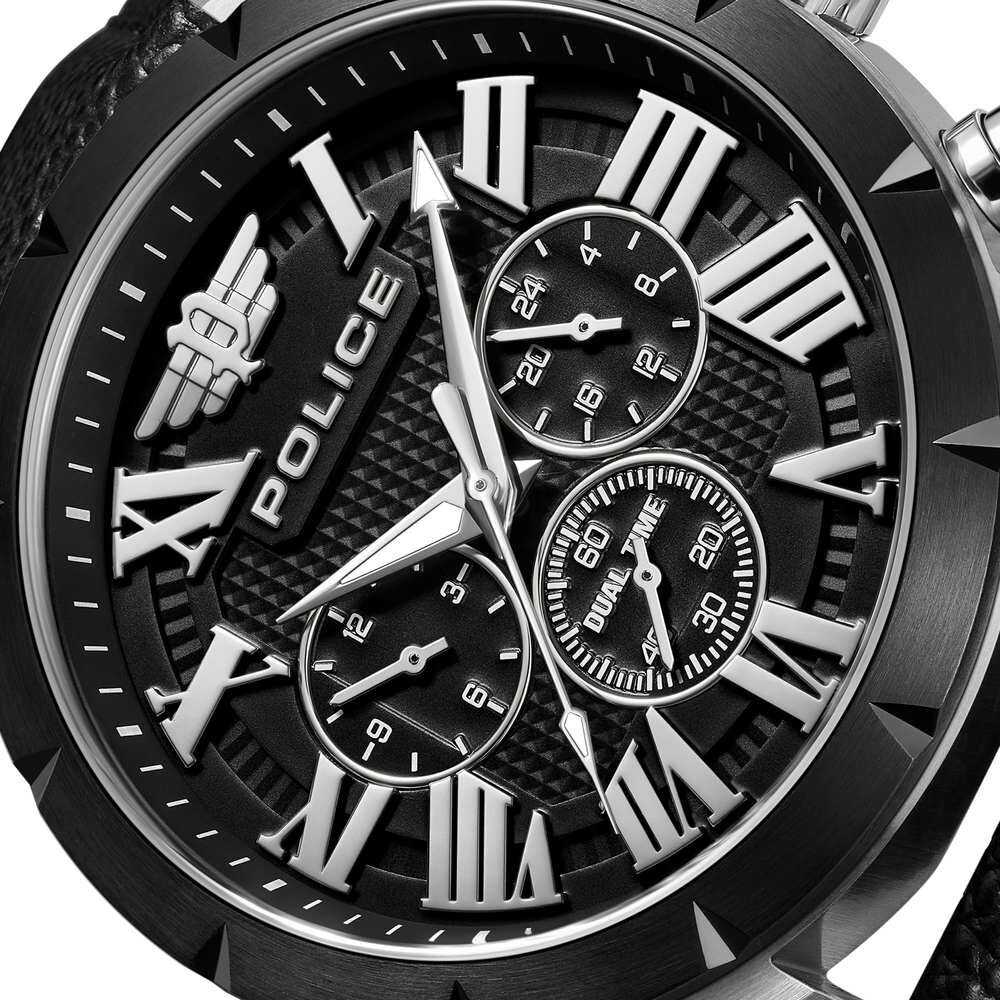Police Quartz Multifunction Black Dial Black Leather Strap Watch For Men