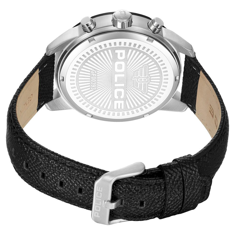 Police Quartz Multifunction Black Dial Black Leather Strap Watch For Men