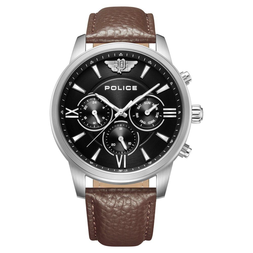 Police Quartz Multifunction Black Dial Brown Leather Strap Watch for Men - image 1