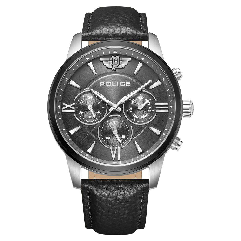 Police Quartz Multifunction Grey Dial Black Leather Strap Watch for Men - image 1