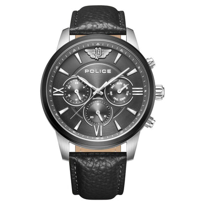 Police Quartz Multifunction Grey Dial Black Leather Strap Watch for Men - image 1
