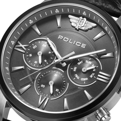 Police Quartz Multifunction Grey Dial Black Leather Strap Watch for Men