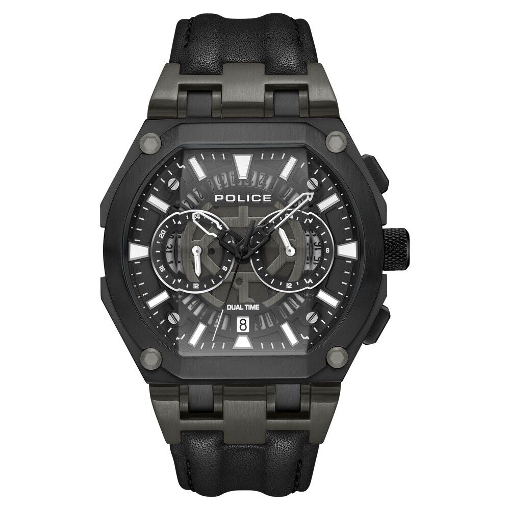 Police Multifunction Black Dial Leather Strap Watch For Men