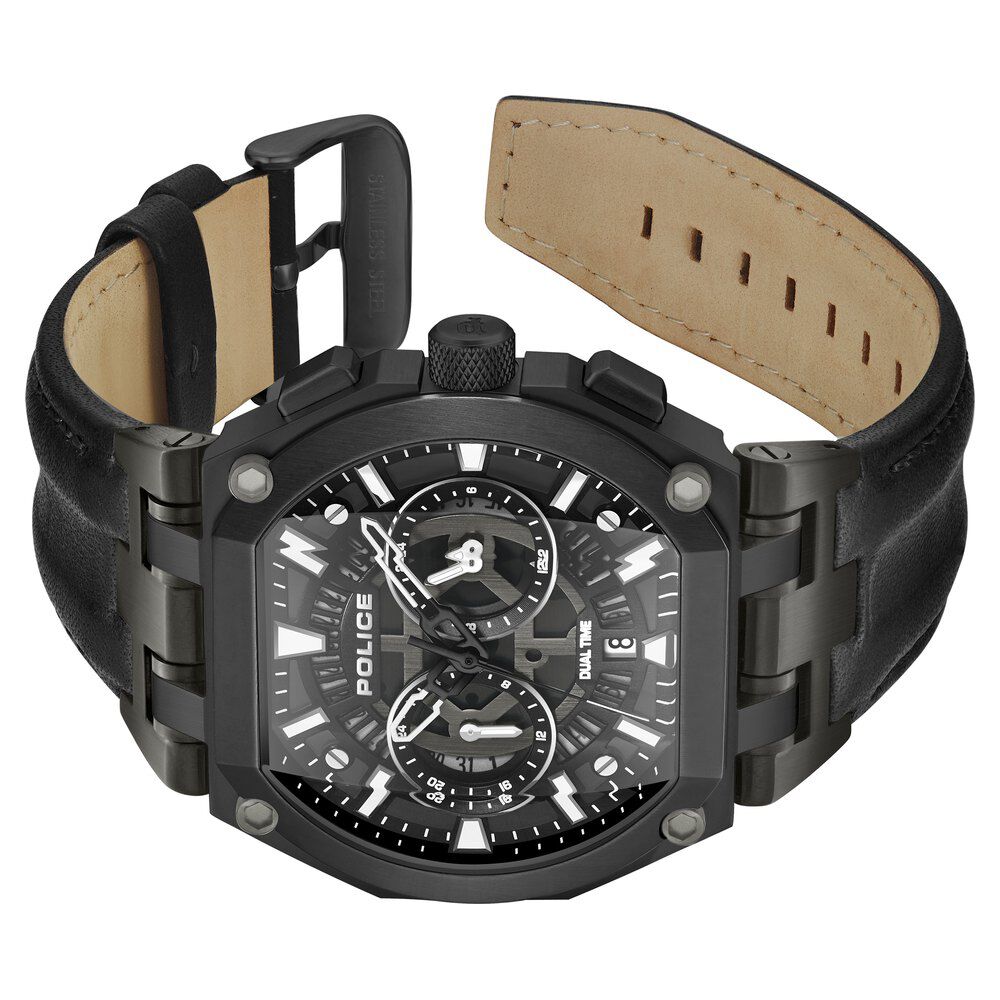 Police Multifunction Black Dial Leather Strap Watch For Men