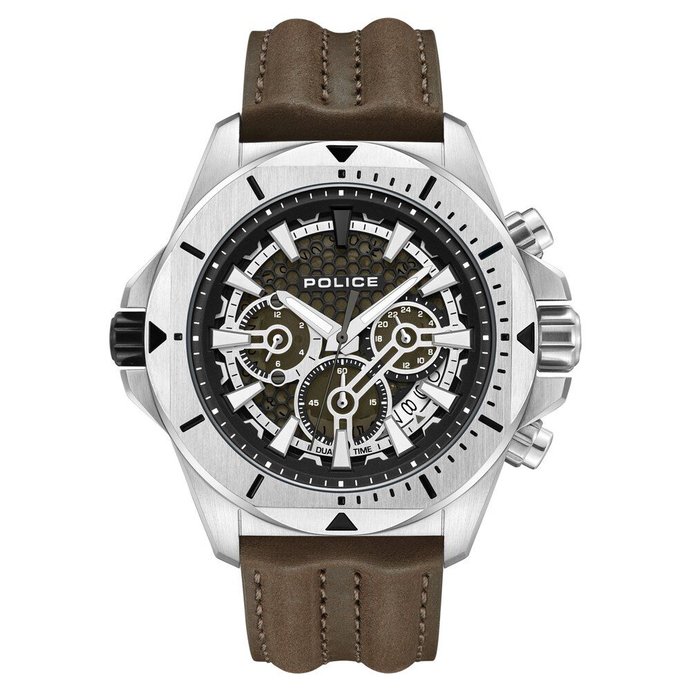 Police Multifunction Green Dial Leather Strap Watch For Men
