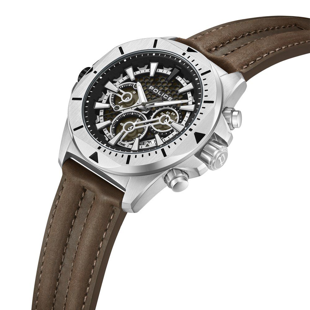 Police Multifunction Green Dial Leather Strap Watch For Men