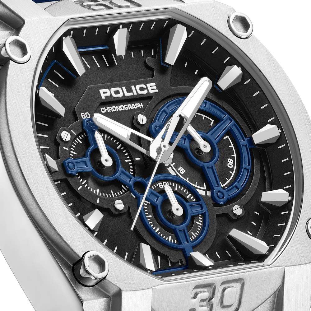 Police Quartz Chronograph Black Dial Blue Silicone Strap Watch For Men