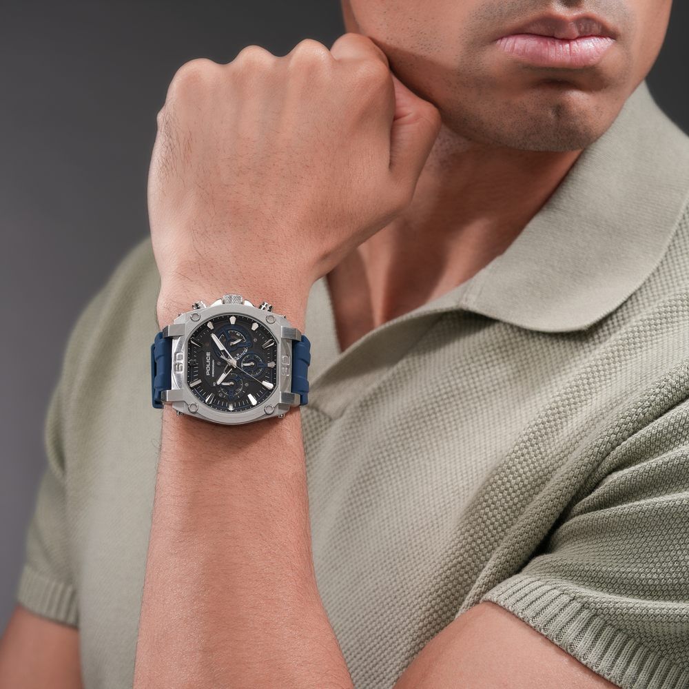 Police Quartz Chronograph Black Dial Blue Silicone Strap Watch For Men