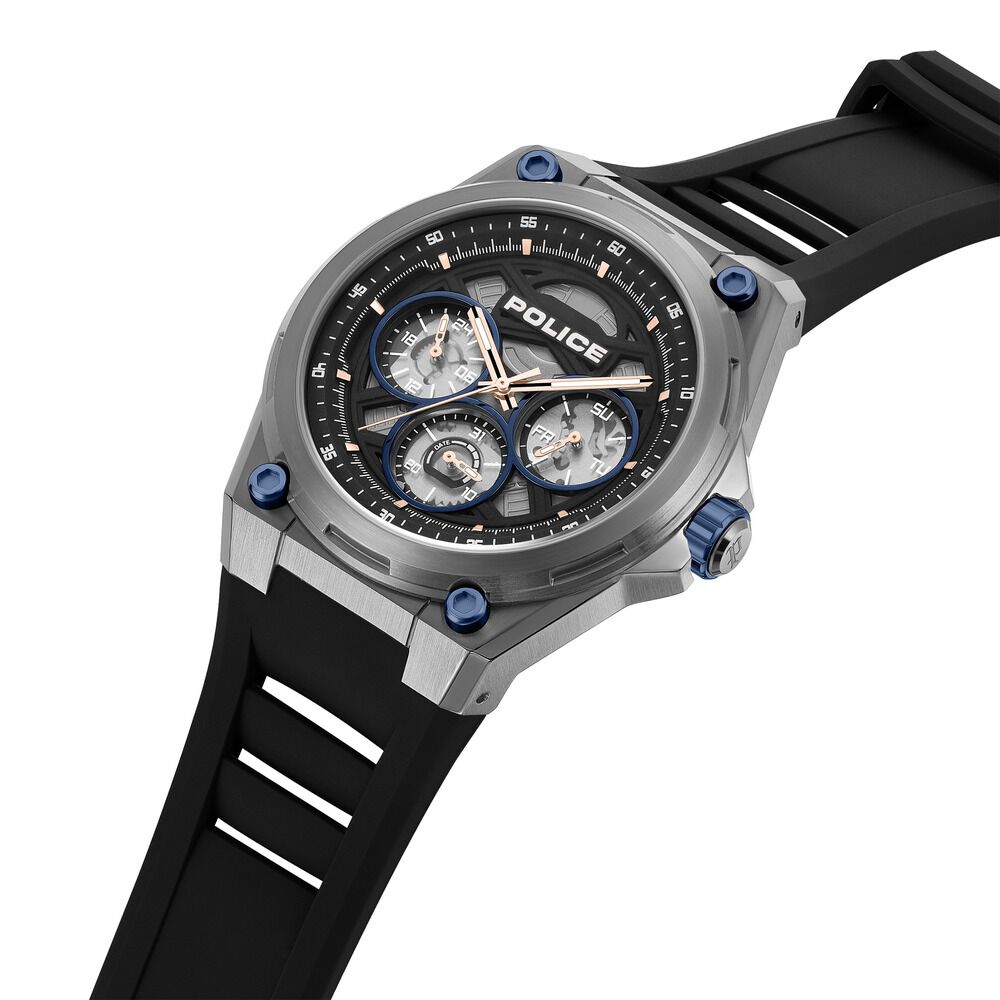 Police Quartz Multifunction Black Dial Blue Silicone Strap Watch For Men